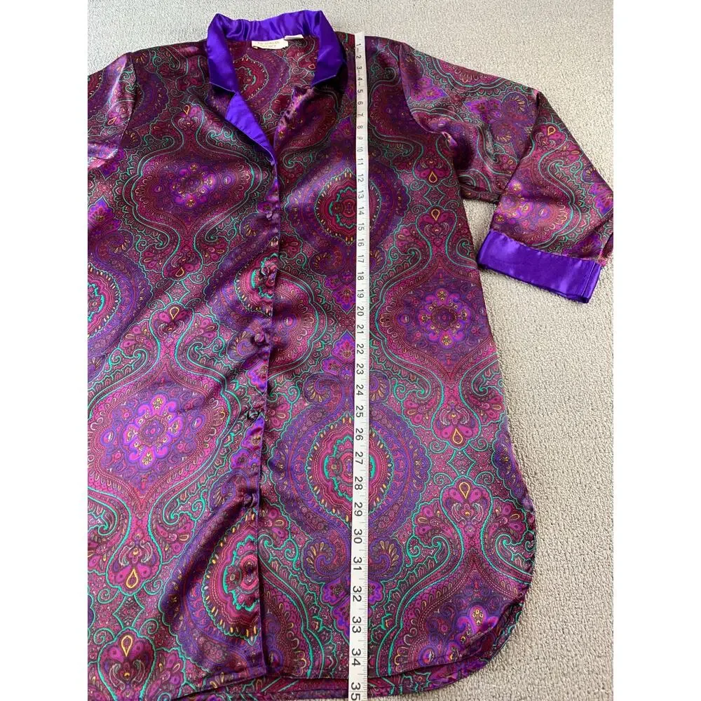 Vtg Victoria's Secret Night Shirt Gold Label Long Sleeve Paisley‎ Purple Medium